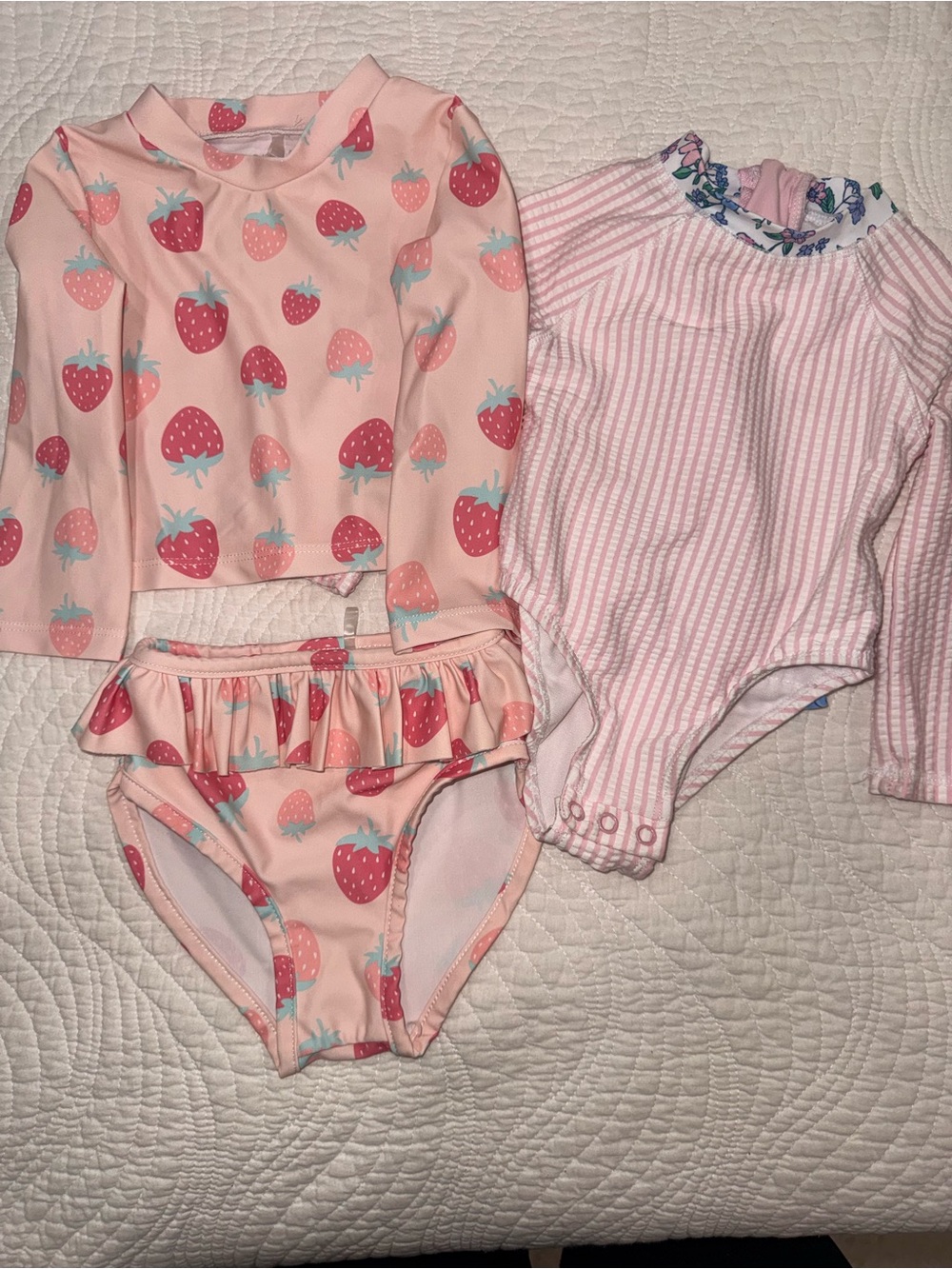 Pink Strawberry Two-Piece Rash Guard Set + Pink Striped Ruffled One-Piece 12M